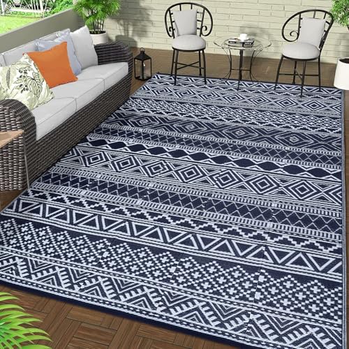 GarveeLife Outdoor Plastic Straw Rug 9x12 Waterproof UV Resistant Foldable Patio Rug Modern Geometric Lightweight Floor Ma...