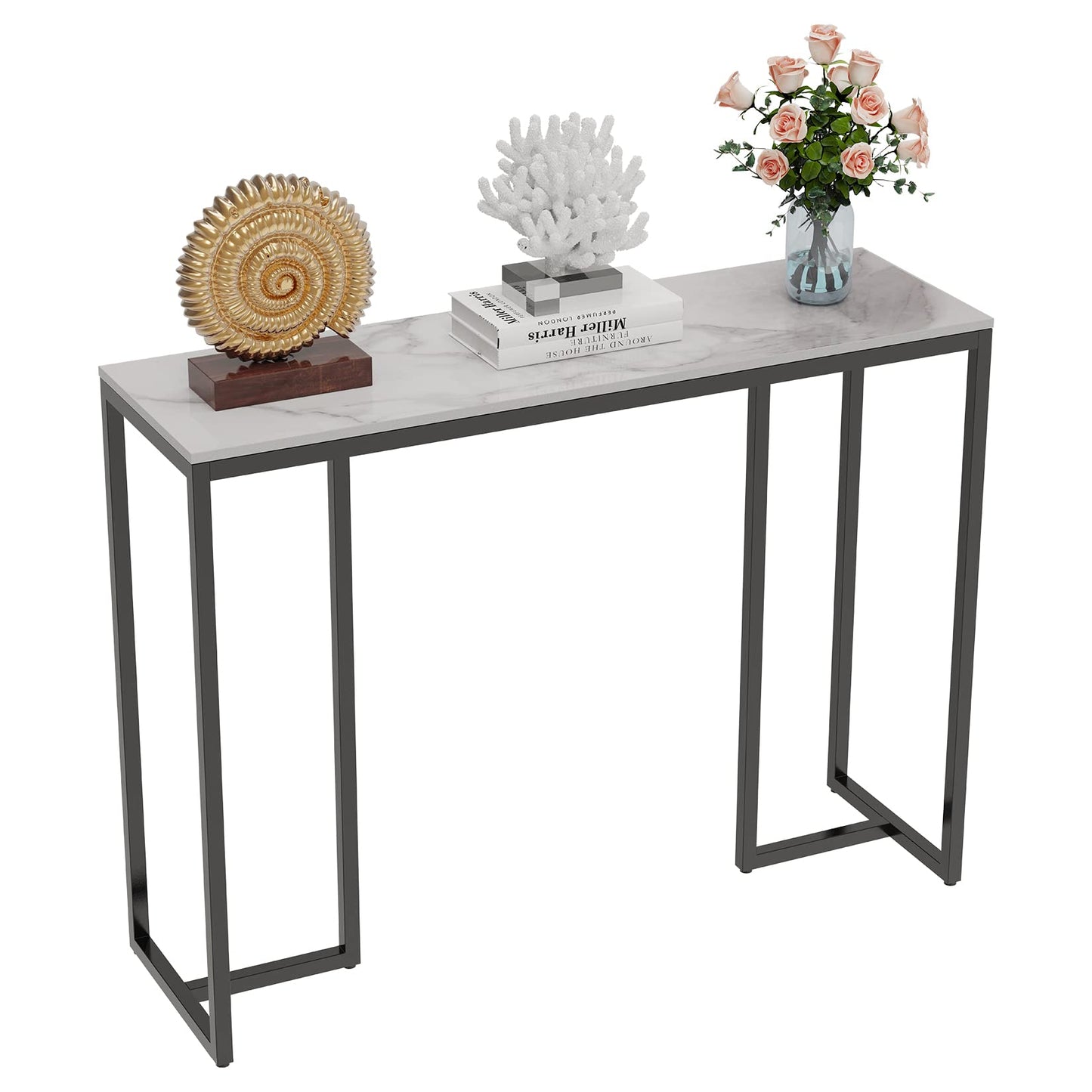 Wisfor Sintered Stone Entryway Table: White Console Table with Black Frame for Hallway - Long Narrow Table Behind Sofa, 39.4x11.8x30.9 inch