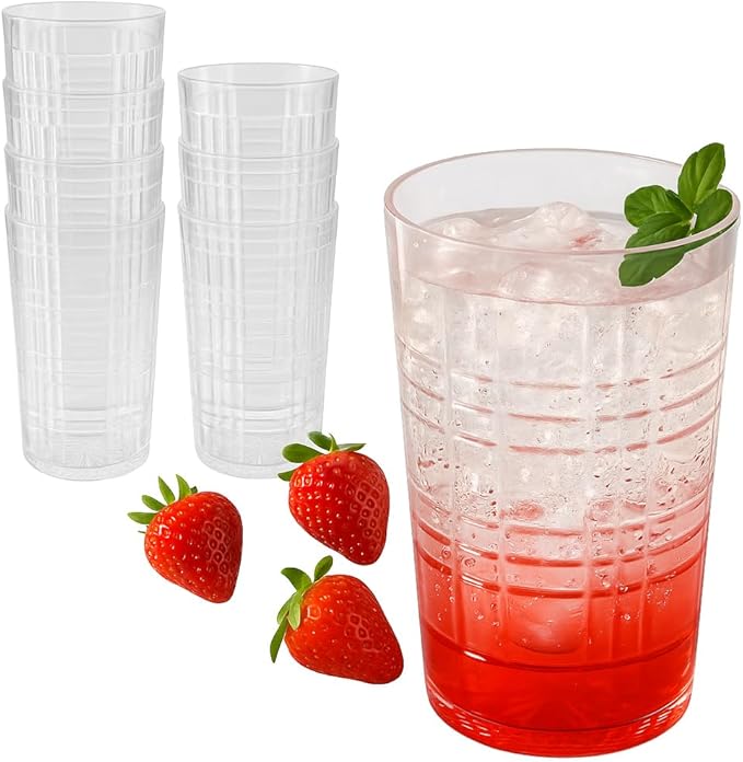 Kate Aspen Clear Plaid Acrylic Glasses Drinkware, Plastic Drinking Glasses Set of 8, 22 oz, Tumblers & Water Glasses Dishw...