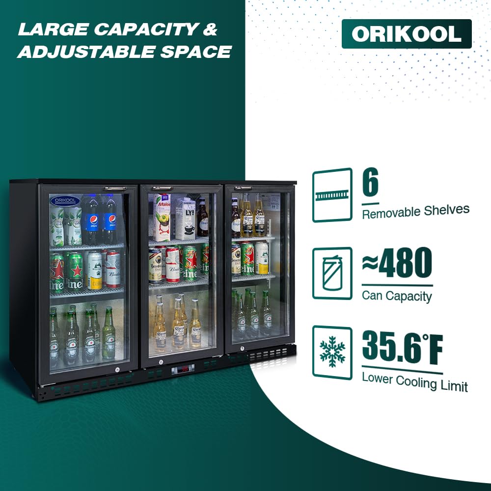 11.3 Cu.Ft Beverage Refrigerator,3 Glass Door Display Commercial Refrigerators with LED and Adjustable Shelves,Door Lock & Easy-pull Handle,480 Cans Beverage Refrigerators for Beer Wine Drink,Black