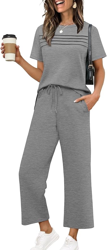 WIHOLL Two Piece Sets for Women Summer Travel Vacation Outfits Short Sleeve Lounge Sets Side Slit Wide Leg Pants S-3XL