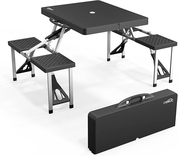 VINGLI 4Ft Portable Folding Picnic Table Camping Table Foldable Set with 4 Seats with Umbrella Hole Suitcase Card Table-22...