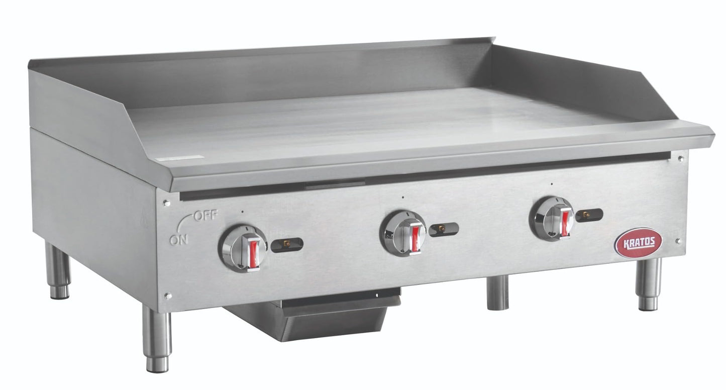 Kratos 36" Wide Commercial Countertop Griddle, Gas Hot Plate for Restaurants, Manual Controls, 3 Independent Burners, Powerful 90,000 BTU Output (29Y-005)