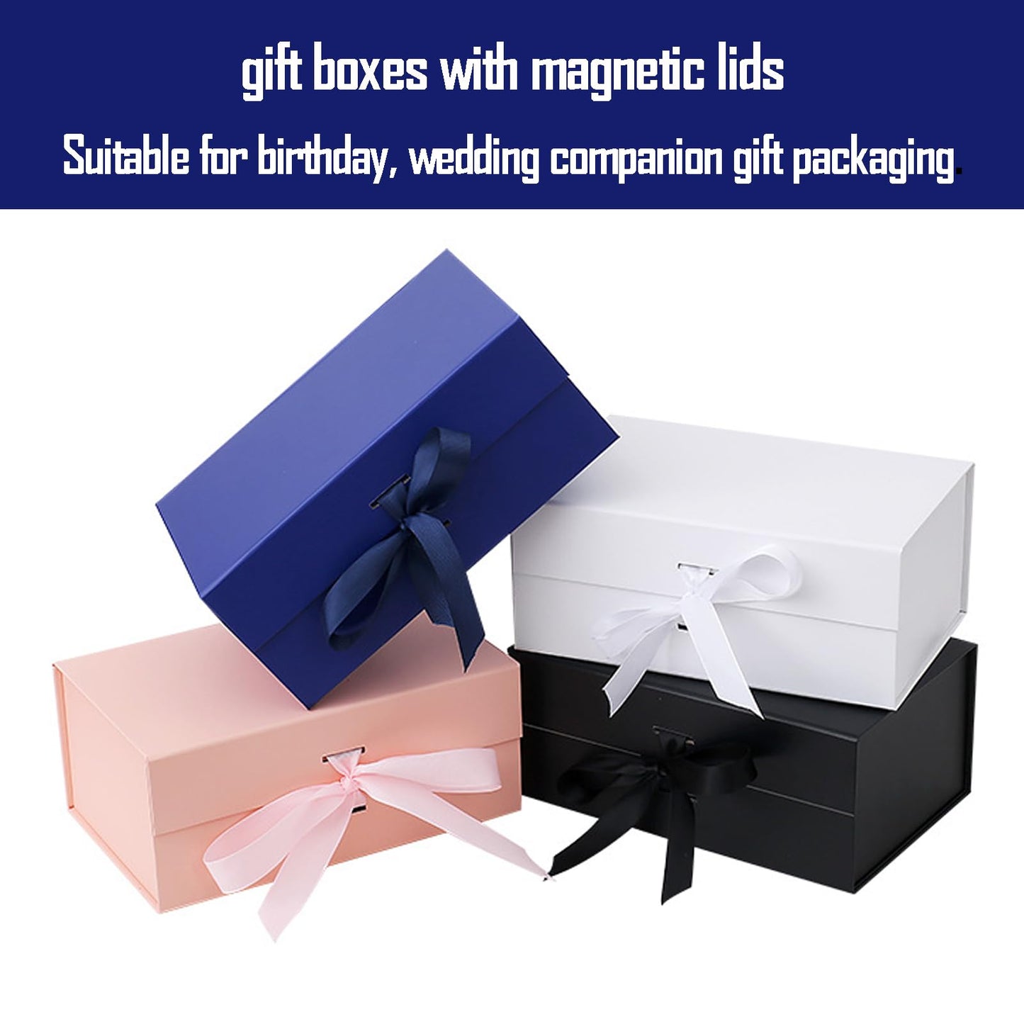 kaxilu Blue Gift Boxes with Ribbon Foldable Set of 5 Magnetic Gift Boxes for Luxury Presentations and Groomsmen Proposal, Glossy Finish,10.2x6.7x4.3 Inches