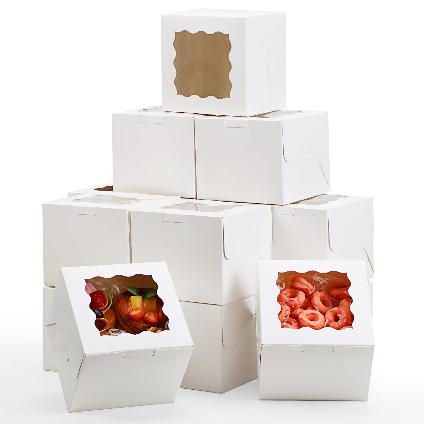 Moretoes 15pcs 6x6x5in Cake Boxes Bakery Carriers, Small Bento Cake Containers Cookie Boxes with Window, White Mini Cupcake Carriers Treat Containers for Dessert, Mother's Day, Valentine's Day