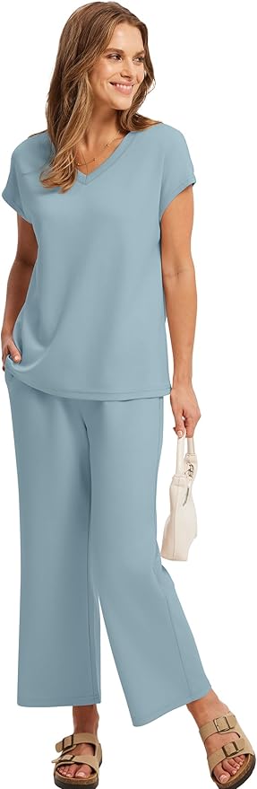 Saloogoe Two Piece Sets for Women Summer Outfits Lounge Sets V Neck Tops Wide Leg Pants Woman Vacation Travel Outfits