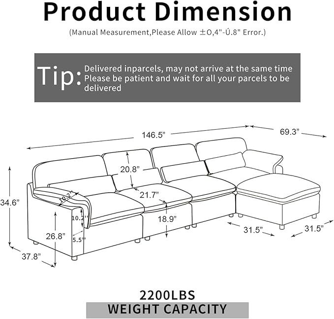 Cloud Sectional Couch, Down Filled Couch, Modular Couches Sofa for Living Room, Minimalist Deep Seat Modern Couches,Sofa Cover Removable,Chenille Fabric (146" 4 Seat+1 Ottoman)