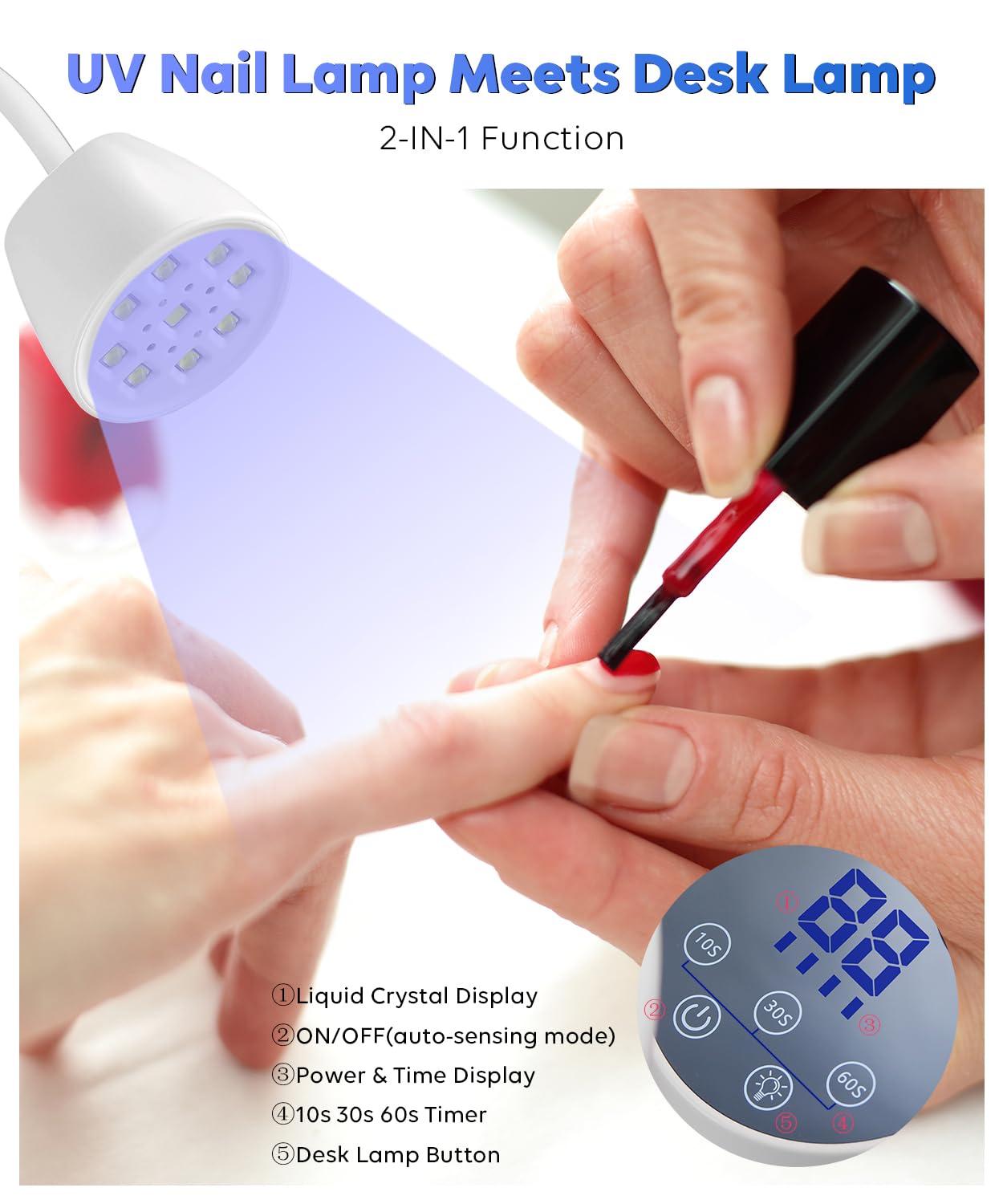 DAQVQ UV LED Nail Lamp, Gooseneck UV Light for Gel Nails & LED 2 Modes, Cordless Rechargeable Nail Dryer Gel Lamp with 3 Timers