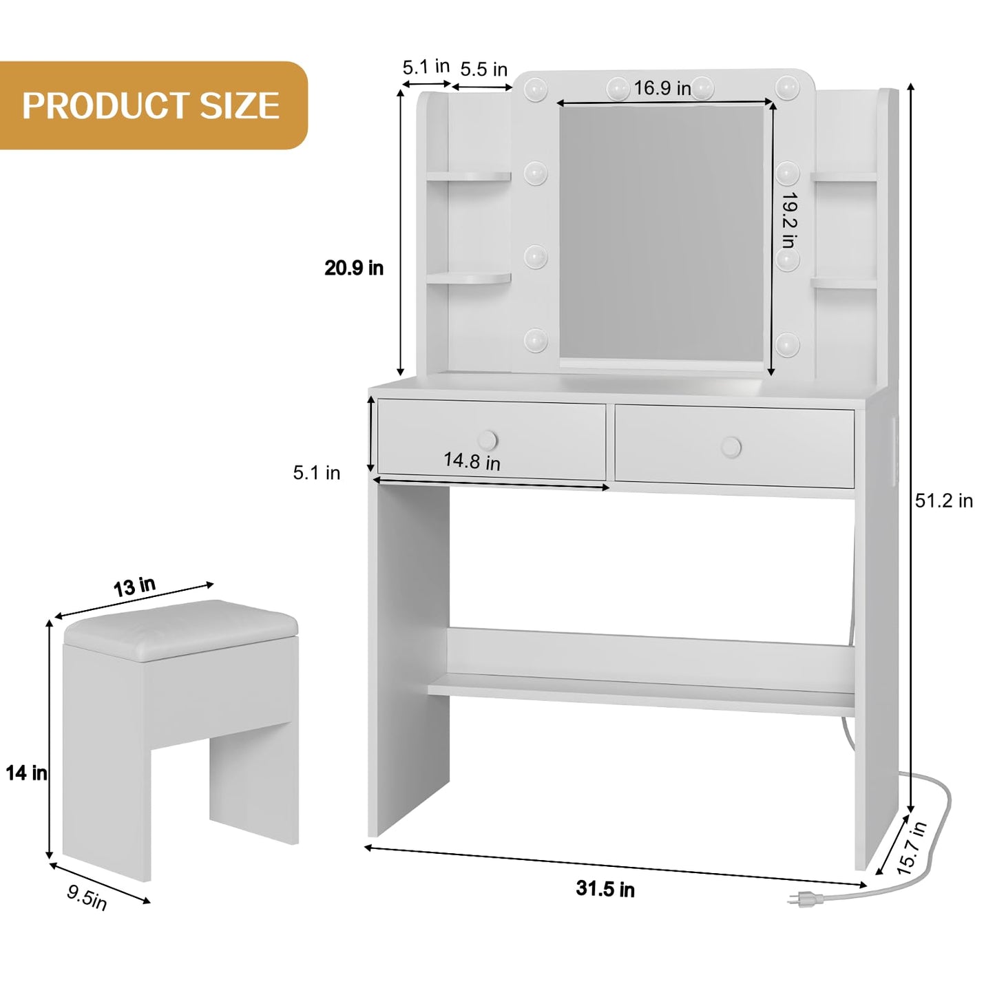 FUXA Makeup Vanity Desk with LED Mirror and Charging Station, Vanity Table Set with Storage Drawers, Shelves and Chair, Dressing Table with 3 Lighting Modes for Bedroom, White