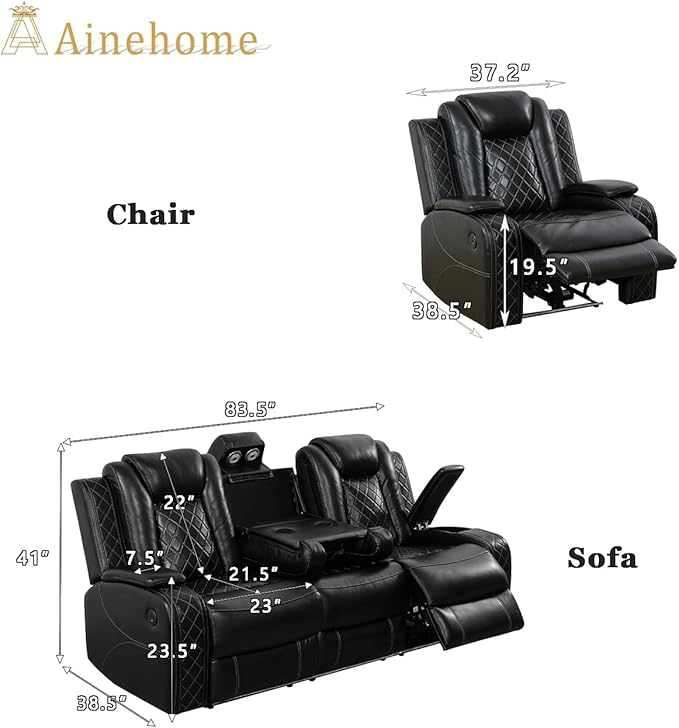 A Ainehome Living Room Furniture Set Black Leather Recliner Sofa Set Loveseat Chair Furniture Sofa Set for Living Room/Small Space/Rv/House/Office/Theater Seating (F-Black, Sofa+Chair)