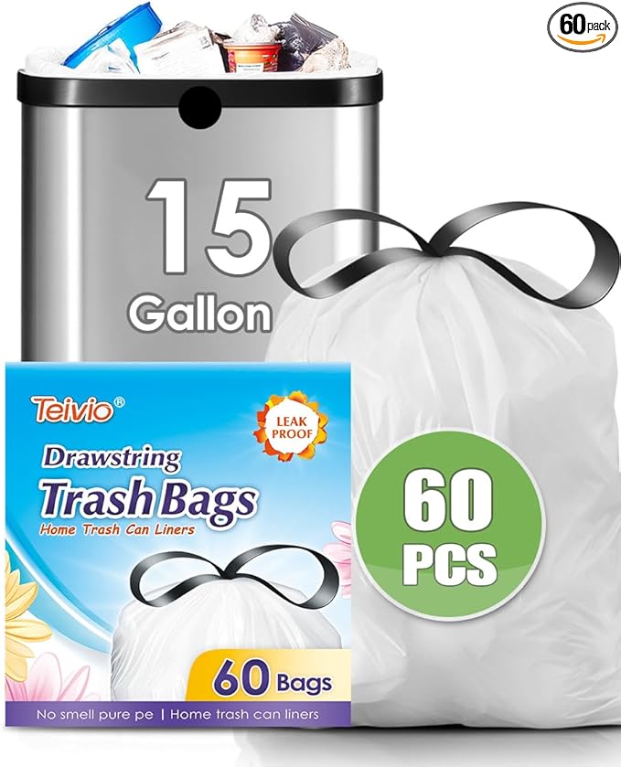 Teivio 15 Gallon 60 Counts Strong Tall Kitchen Drawstring Trash Bags, Medium Plastic Garbage Bags for Home Kitchen Office Garden Outdoor Tall Trash Can, Waste Bin Liners White