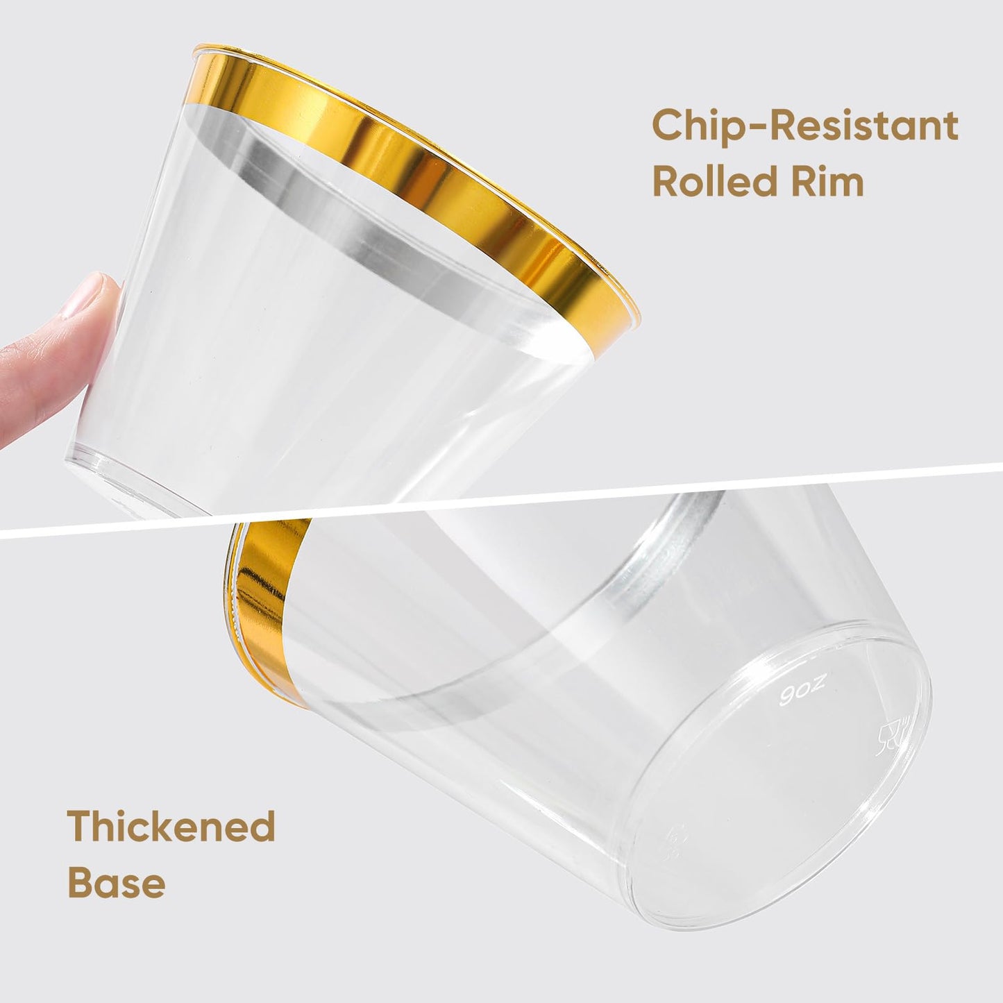 VajilaPhil 50PCS Gold Plastic Cups, 9 oz Clear with Metallic Gold Rim Disposable Cups, Elegant Plastic Tumblers, Fancy Party Cups