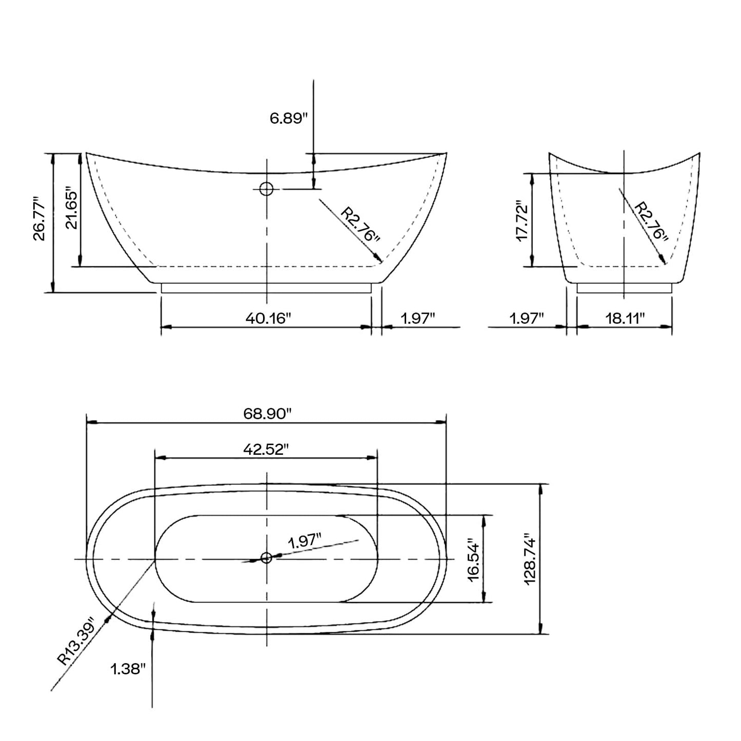 Empava 69" Freestanding Tub, Acrylic Contemporary Soaking White Tub with Drain and Overflow