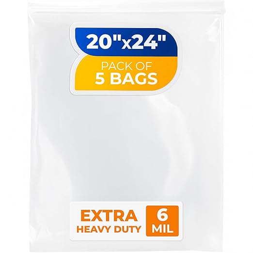 20" x 24" Extra Large Zip Seal Lock Bags, 6 Mil (Pack of 5) – Heavy-Duty Reclosable Plastic Bags – Clear, Resealable, Waterproof – For Storing and Organizing Clothes, Jewelry, and Travel