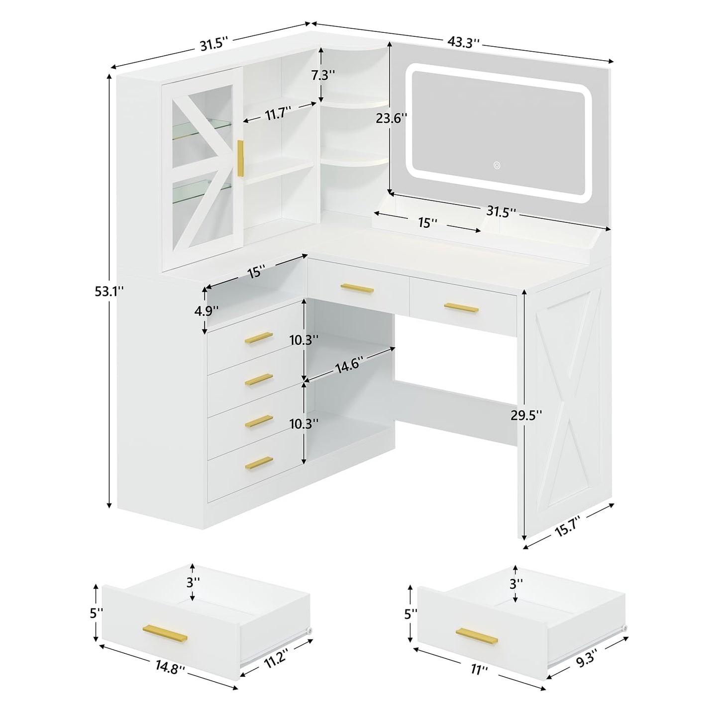 L-Shaped Corner Vanity Desk with LED Lighted Mirror & Charging Station, White Makeup Vanity with 6 Drawers & Sliding RGB Cabinet, Large Farmhouse Dressing Table with Open Storage Shelves for Women