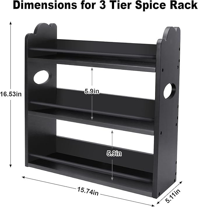 3 Tier Bamboo Spice Rack, Spice Rack Organizer, Seasoning Jars Rack Shelf Spice Organizer for Kitchen Counter or Wall Mounting, Spice Storage Holder with handles, Jars Not Included,Black
