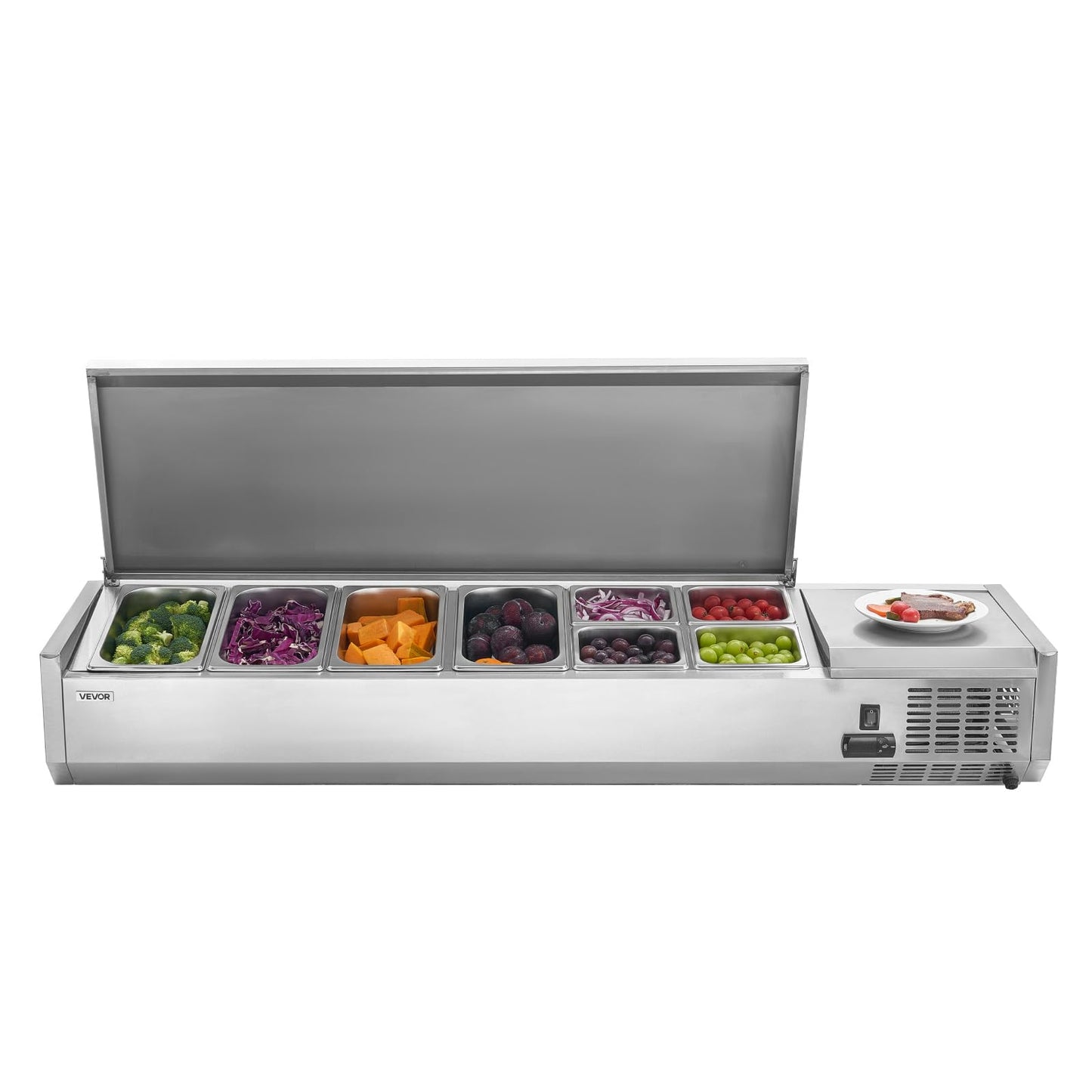 VEVOR Refrigerated Condiment Prep Station, 130 W Countertop Refrigerated Condiment Station, with Four 1/3 Pans & Four 1/6 Pans, 304 Stainless Body and PC Lid, Sandwich Prep Table with Stainless Guard