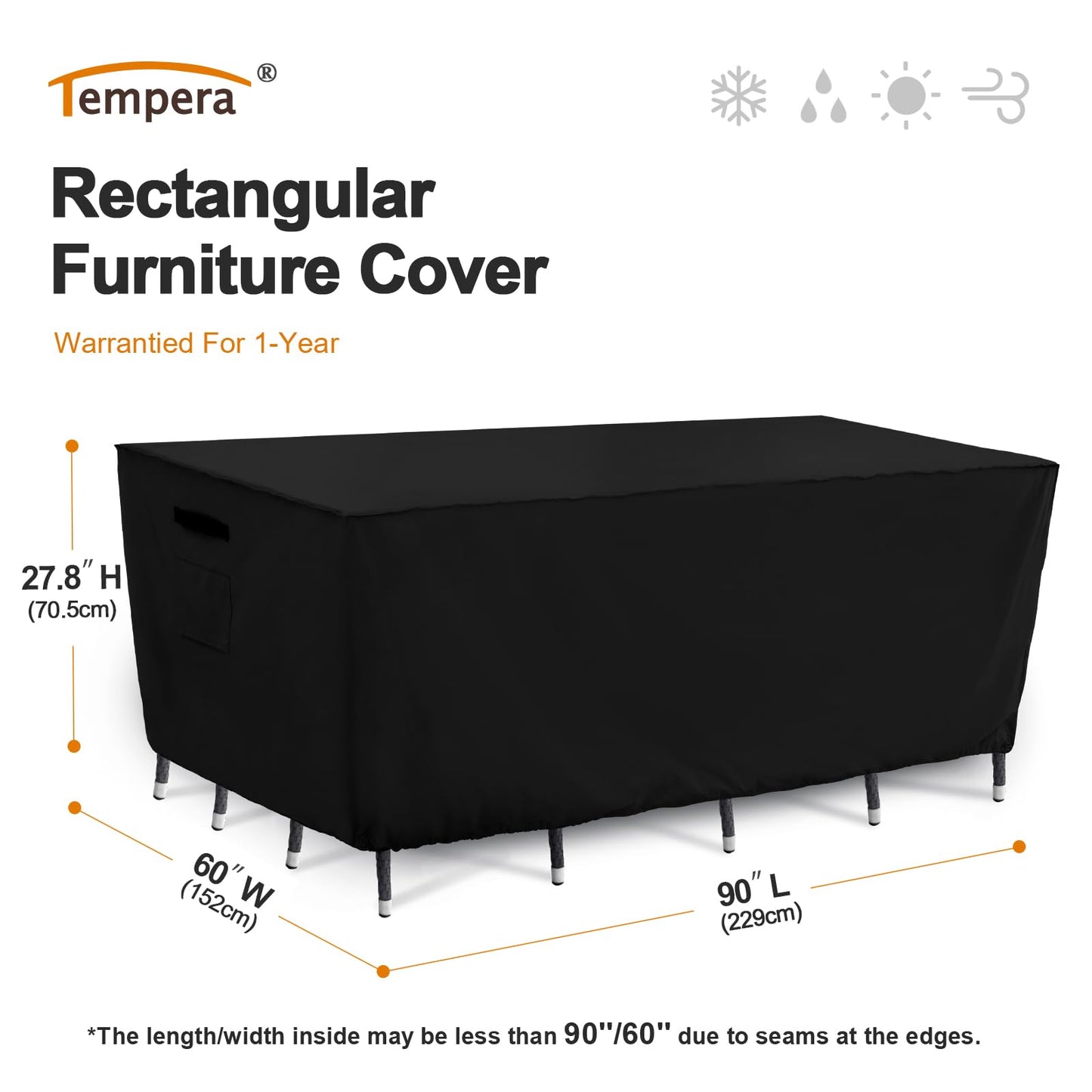 Tempera Patio Furniture Covers - Heavy Duty Rectangle, Waterproof Outdoor Table & Chair Covers, 90''L x 60''W x 27.8''H, Black