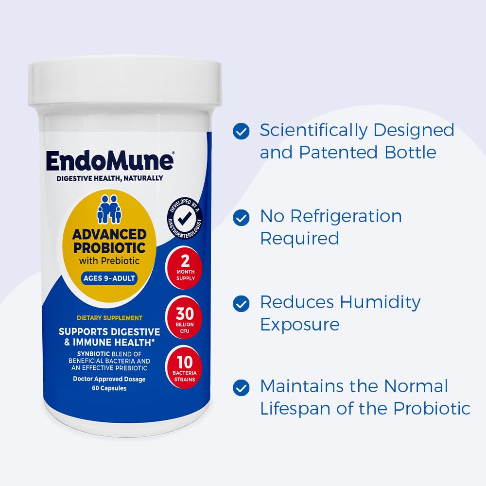 Endomune Advanced Adult Multi-Strain Probiotic Supplement with Prebiotic - 10 Strains, 30 Billion CFU - Physician Formulated (60-Count)
