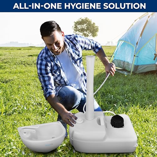 SereneLife Portable Camping Sink with 19L (5+ Gallon) Water Tank, Hands-Free Foot Pump, Soap Dispenser & Towel Holder, Com...