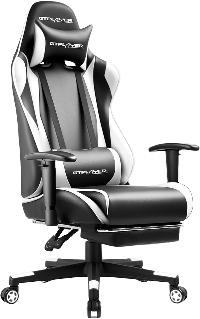 GTPLAYER Gaming Chair with Footrest, Ergonomic Computer Game Desk Chair, Reclining Game Chair Seat Height Adjustment, Swivel Rocker with Headrest and Lumbar (White)