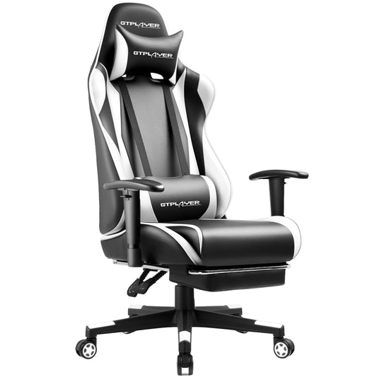 GTPLAYER Gaming Chair with Footrest, Ergonomic Computer Game Desk Chair, Reclining Game Chair Seat Height Adjustment, Swivel Rocker with Headrest and Lumbar (White)