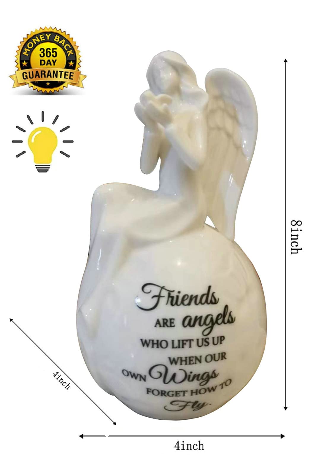 Friendship Angel Figurine Night Light – Ceramic LED Guardian Angel with Heartfelt Quote – Friends are Angels Gift for Birthday, Encouragement, Sympathy, or Christian Home Décor