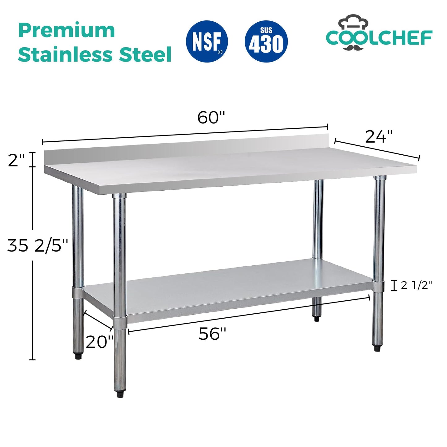 Okeyolive Stainless Steel Work Table 24 x 60 Inch, NSF Commercial Prep Table with Undershelf, Heavy Duty Food Prep Workstation with Backsplash