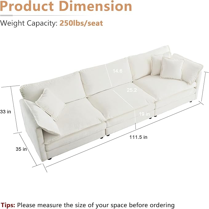 mikibama Luxury Modular Sectional Sofa, 111.5" Modern Chenille Comfy Cloud Couches for Living Room Office, 3 Seater Deep Sofa with 2 Armrest Pillows and 3 Toss Pillows, Beige