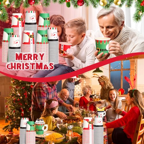 Maxcheck 150 Pcs Christmas Paper Cups 7oz Disposable Christmas with Handles Santa Snowman Elf Tea Coffee Cups Hot Chocolat...