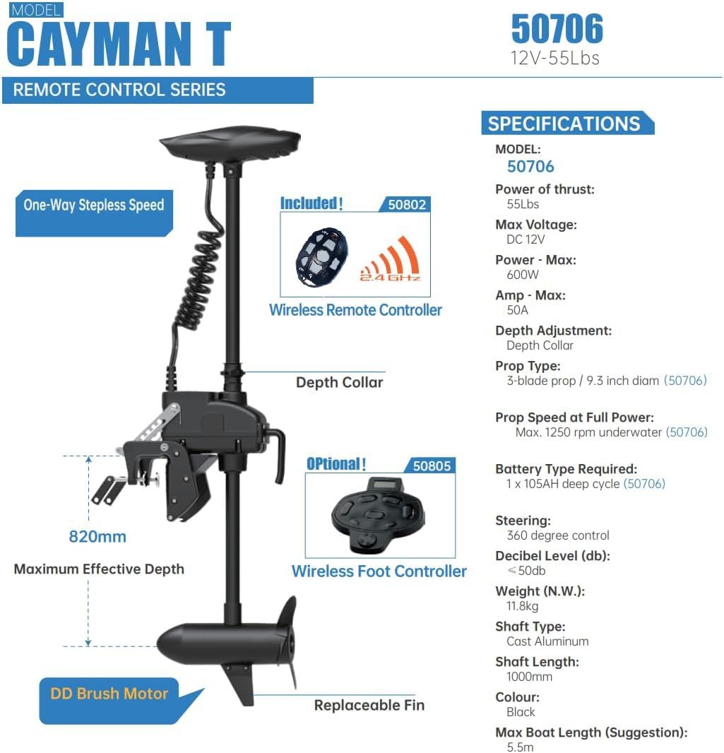 Zichen Haswing CaymanT Transom-Mount Trolling Motor with Wireless Remote & Foot Control - 55LBS Thrust, 39in. Shaft for Kayak Fishing Boat in Freshwater & Saltwater