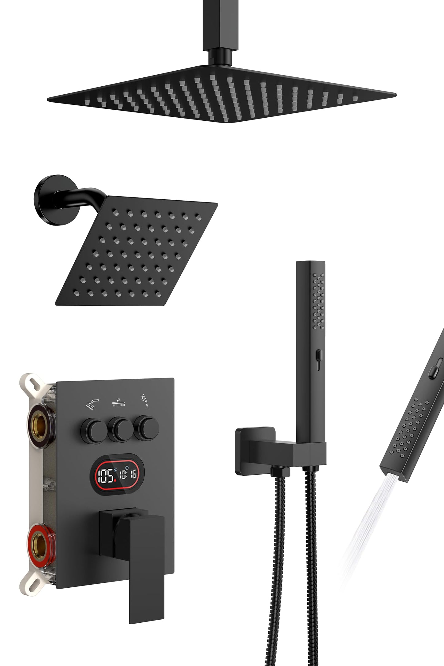 Push Button Diverter Shower Faucet Set Hydro Power Temperature Display, Shower System Ceiling Mounted 10" & Wall Mounted 6" Shower Head with 3-Spary Handheld, Matte Black