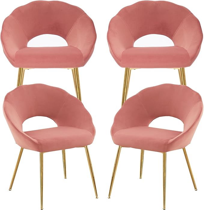 YDcosyfy Modern Small Accent Chair Set of 4, Comfy Velvet Vanity Chair with Shell Back & Golden Metal Legs, Decorative Dining Chair no Wheels for Living Room, Makeup Room, Bedroom, Pink