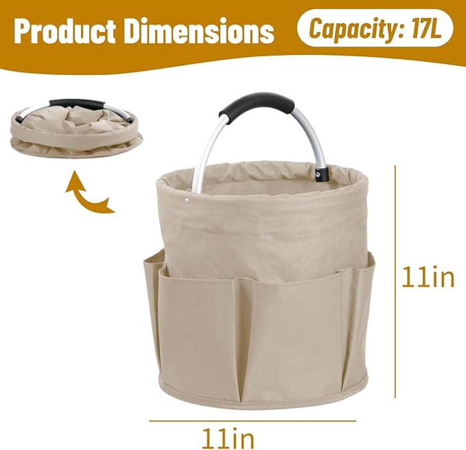 17L Foldable Storage Basket with 6 Side Pockets Cleaning Caddy with Handle Folding Storage Bin for Home Bathroom Camping Gardening (Khaki)
