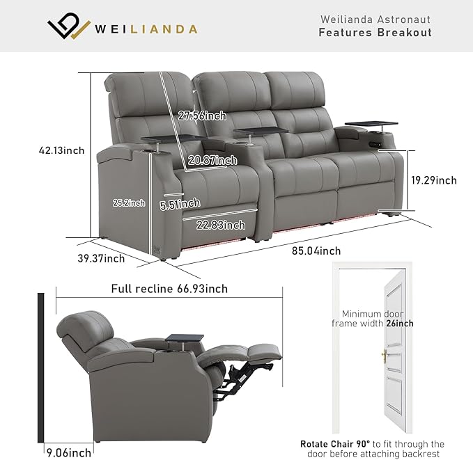 Weilianda Home Theater Seating, Top Grain Leather Sectional Seats Recliner Chair, Zero Gravity Reclining Sofa with Power Headrest 7 Colors Ambient Lighting USB C Charge Row of 3 Loveseat Right Grey