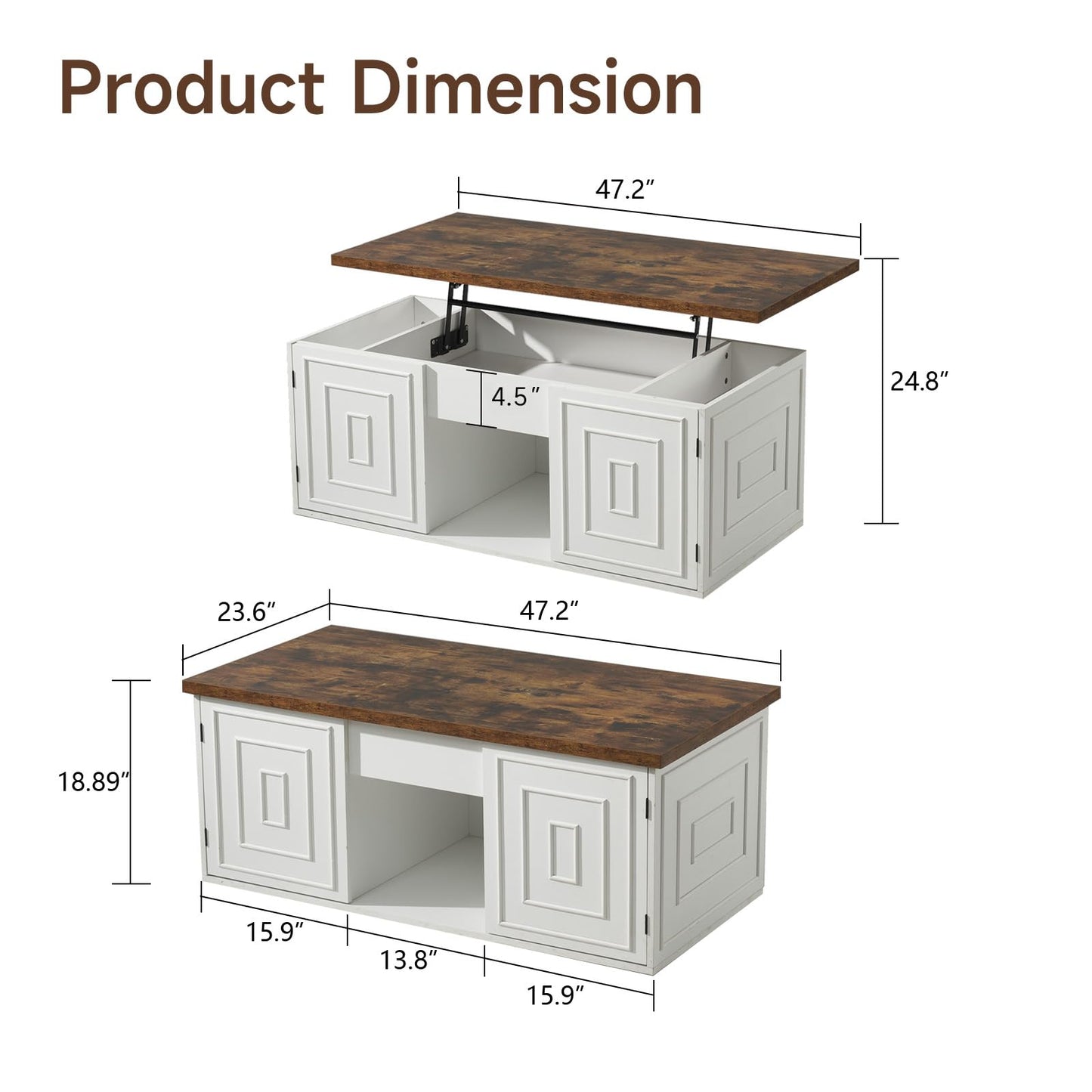 ONBRILL Lift Top Coffee Table with Storage, 48" Rustic Center Table with Hidden Storage Compartment and 2 Cabinet, White Coffee Table Converts to Dining Table for Living Room, Office
