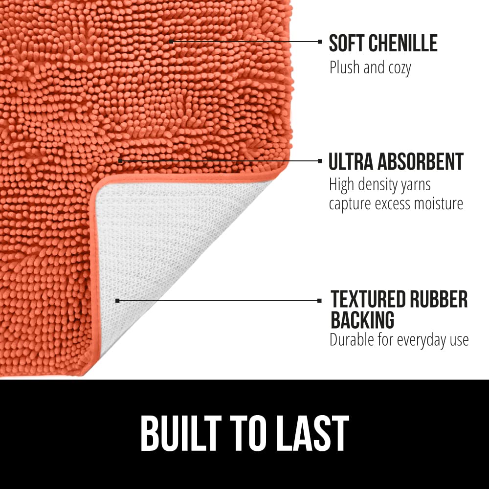 GORILLA GRIP Bath Rug Mat, Thick Soft Absorbent Chenille, Quick Dry Microfiber Mats, Rubber Backing Washable Shower Floor Rugs, Bathmat Runner, US Designed Bathroom Home Decor Accessories 24x17, Coral