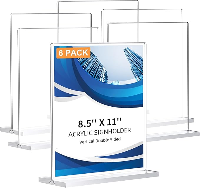 6 Pack Acrylic Sign Holder 8.5 x 11, Double-Sided Clear Sign Holder Plastic Stands for Display, T Shape Acrylic Table Sign...