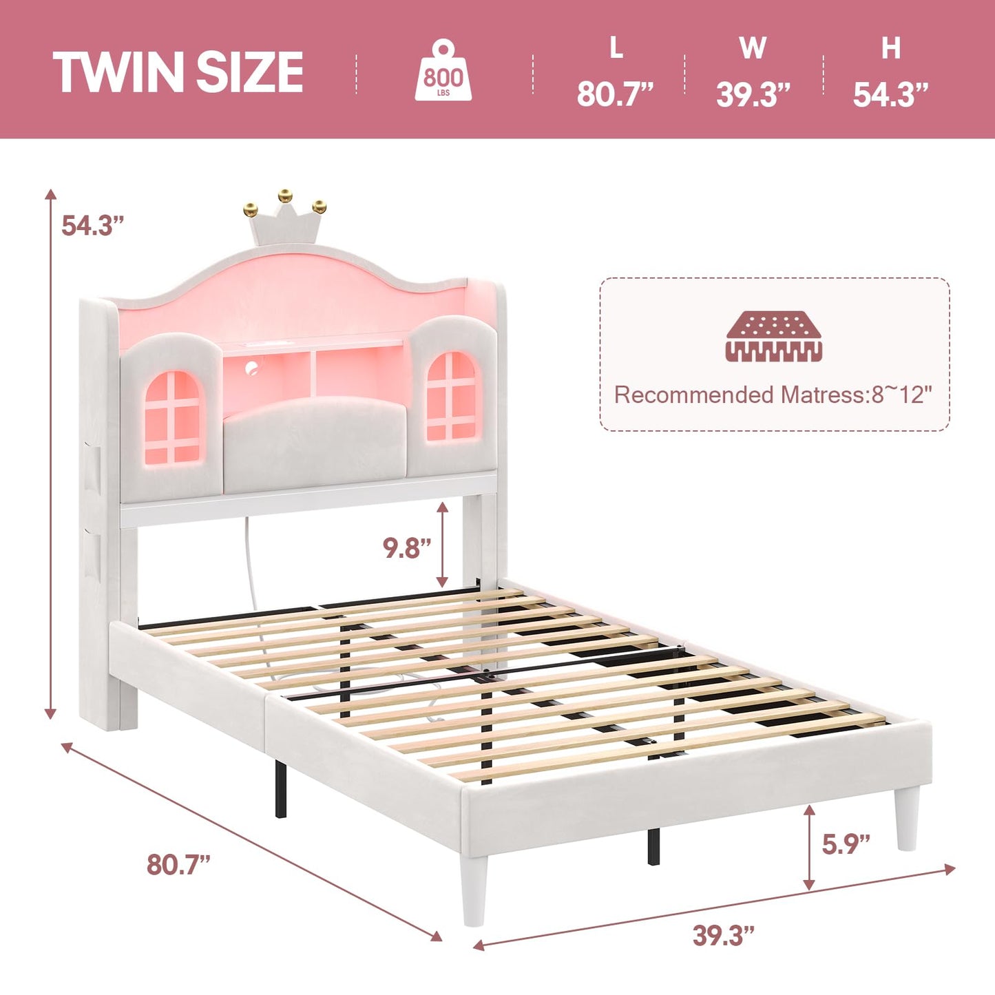 Dnxao Twin Bed Frames with Storage Headboard,4 Pockets, Princess Bed with LED Lights,Charging Station,Girl Bed with Solid Wood Slats Support,Easy Assembly,Creamy White