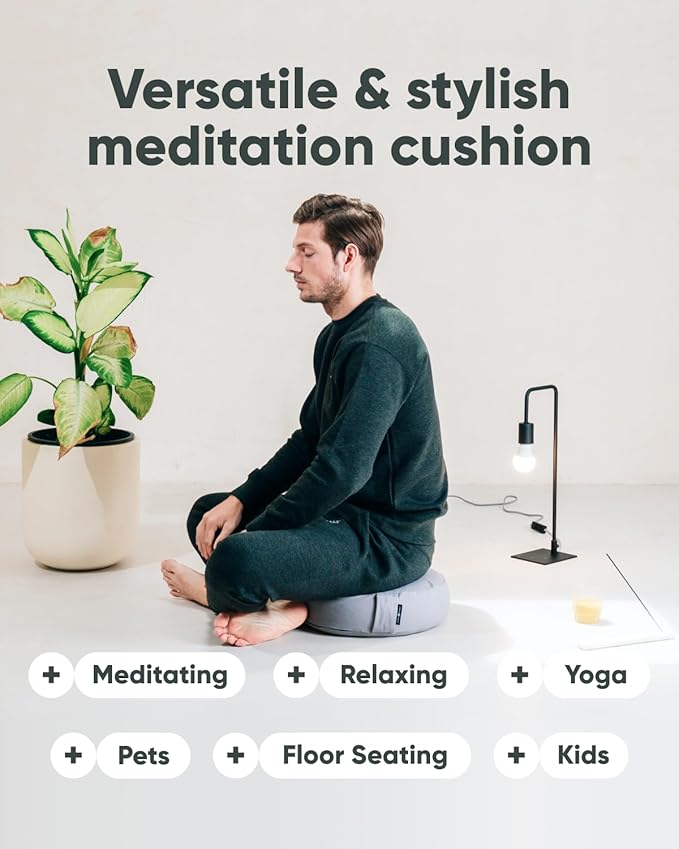 Mindful Modern Large Meditation Cushion for Zafu Yoga - Meditation Pillow for Sitting on The Floor - Buckwheat Hull Filled Yoga Cushion with Removable, Washable 100% Cotton Cover and Carry Handle