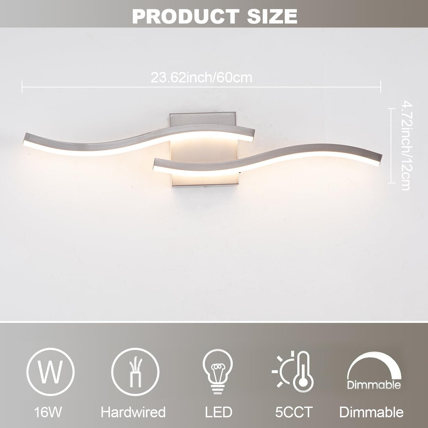 Sovinzert Brushed Nickel Curved Bathroom Vanity Light Fixture Over Mirror, 23.62 inch Modern LED Wall Lamp 5CCT Dimmable Bathroom Light Fixture Modern Vanity Lighting 23 Inch Wall Sconces