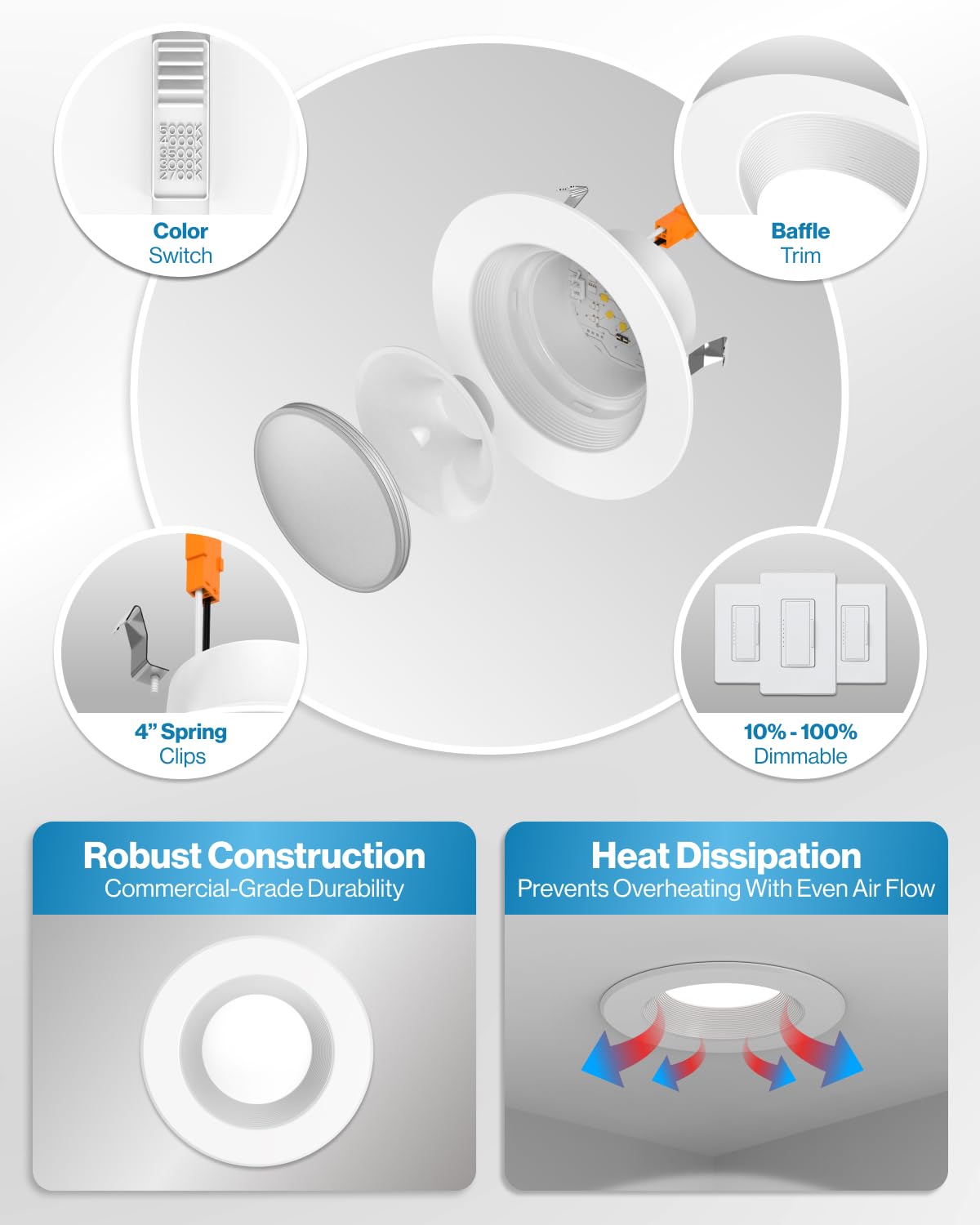 Sunco 100 Pack 4 Inch LED Recessed Lights, Retrofit Lighting LED Can Lights Downlight, 660LM, 2700K/3000K/3500K/4000K/5000K, Dimmable, Baffle Trim, 11W=60W, 50000 Lifetime Hours, Damp Rated UL
