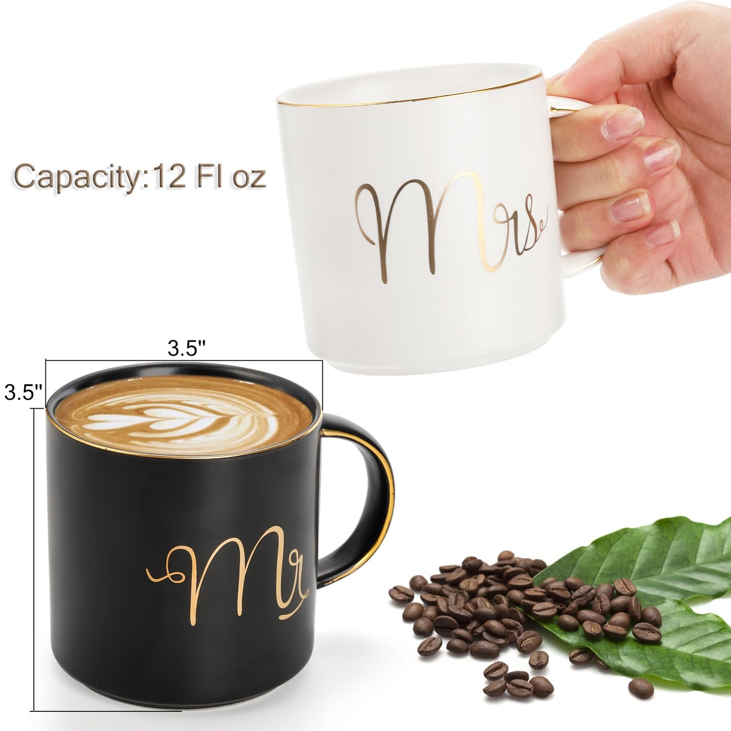 Yesland 12 oz Mr and Mrs Mug, Ceramic Coffee Mug for the Couple, Ideal Gift for Engagement, Anniversary, His and Hers, Bride and Groom, Valentines and Christmas Gifts - Set of 2 (Black & White)