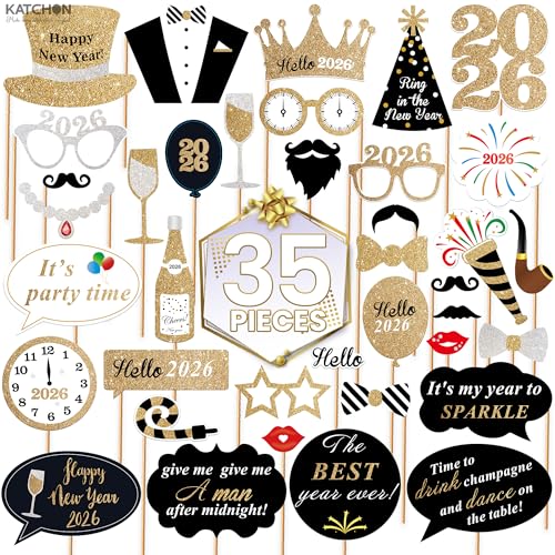 Katchon, Glitter New Years Photo Booth Props - Pack of 35 | NYE Photo Booth Props for New Years Eve Party Supplies 2026 | ...
