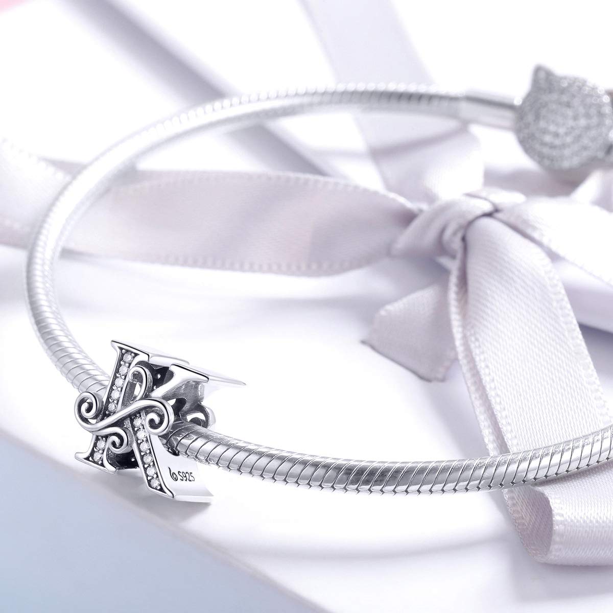 BISAER 925 Sterling Silver Initial Letter K Charms for Bracelets Alphabet Beads Charm Jewelry Gifts