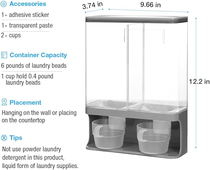 Conworld Laundry Detergent Dispenser, Wall-Mounted Scent Booster Beads Dispenser for Laundry Room Organization and Storage, Rice Dispenser, Suitable for Laundry Beads, Grey
