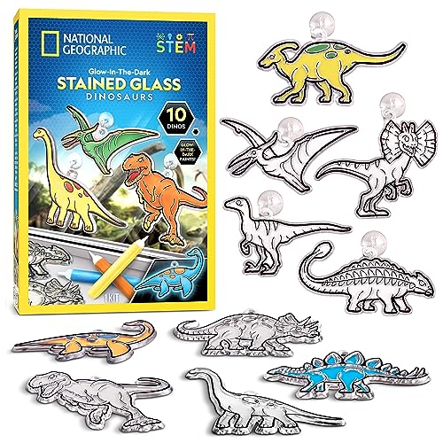 National Geographic Kids Stained Glass Kit - Glow in The Dark Dinosaur Toys, Kids Arts and Crafts Set, Window Sun Catcher...