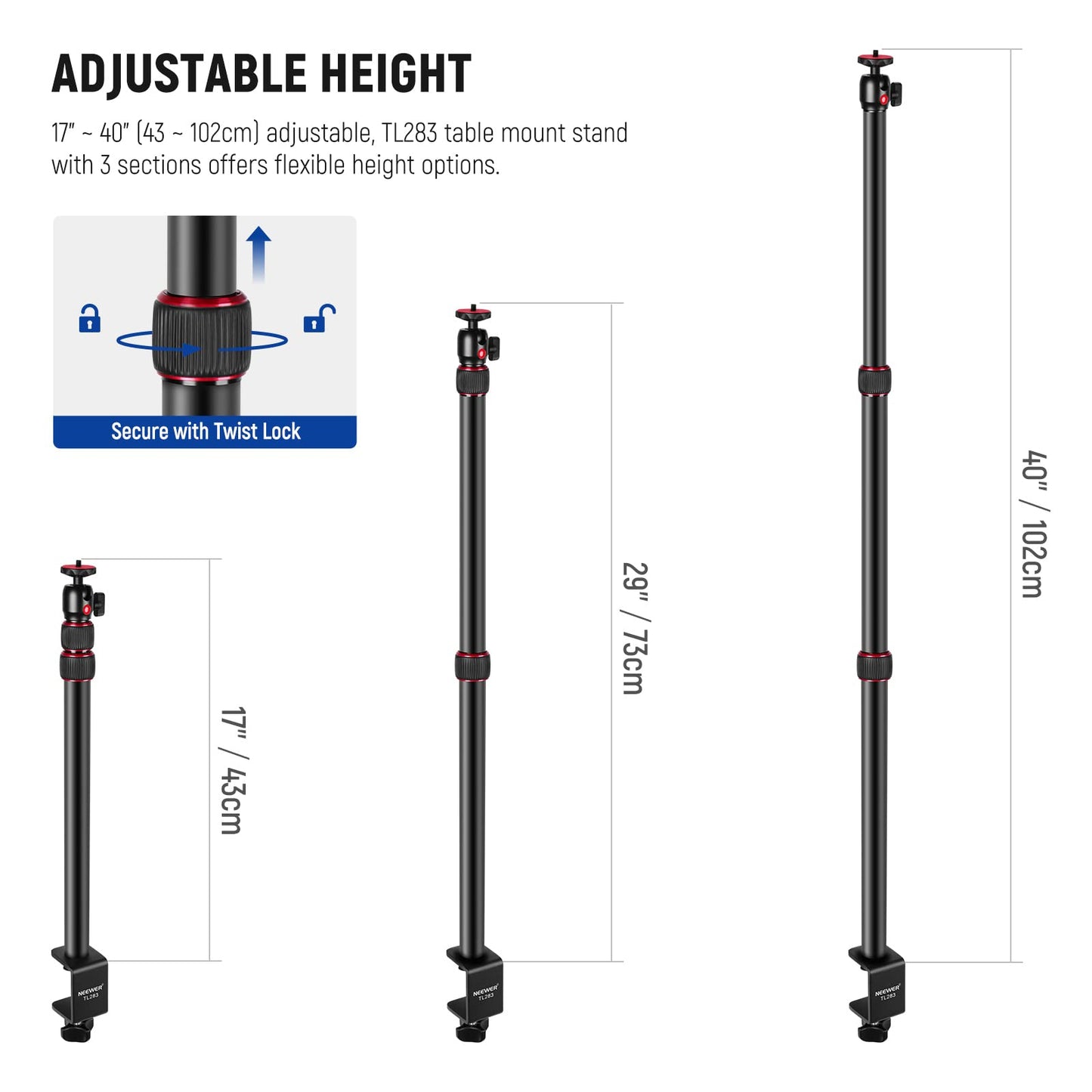 Neewer Extendable Camera Desk Mount With Ball Head, 17-40 Adjustable Table Light Stand With 1/4 Screw & C Clamp For Dslr Camera,
