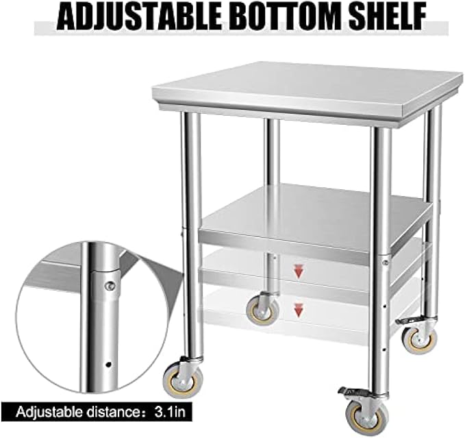 Stainless Steel Table - Metal Table Cart - Commercial Workbench with Caster Wheel - NSF Certified - for Restaurant, Warehouse, Home, Kitchen, Garage,24''x24''