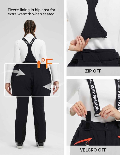 fit space Women's Insulated Ski Pants Waterproof 15,000mm Removable Suspenders Winter Snow Snowboarding (Black,Medium)